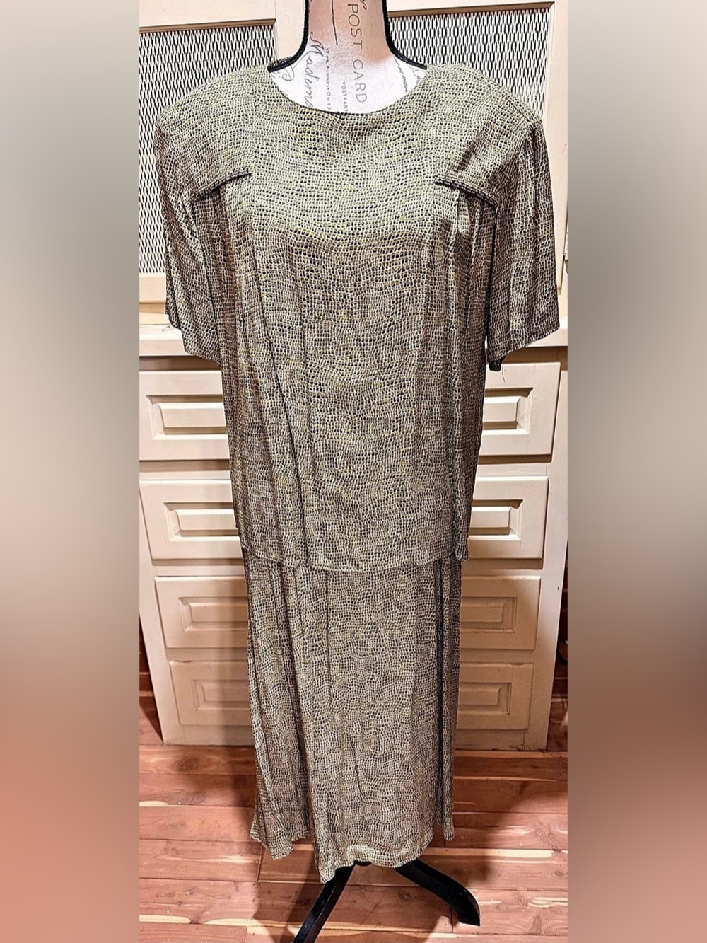 VTG 80s 90s Componix Maxi Skirt Set Top Olive Black Cream Grid Knit Plus 14